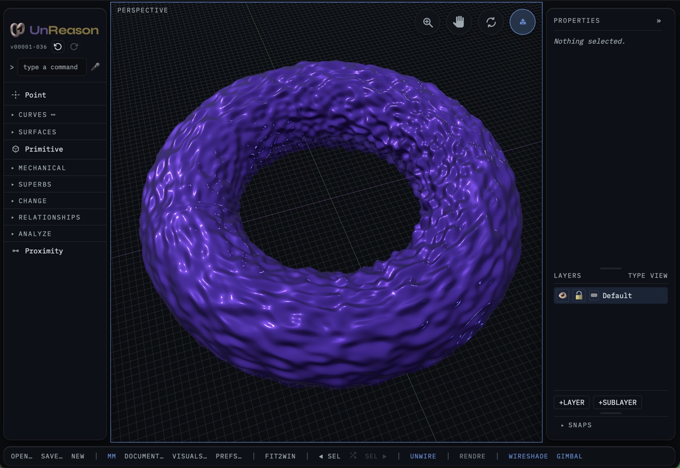 The Unreason3D modeler: a subdivision torus with a noise deformation in the perspective viewport, the command line and tool columns at the left, properties and layers at the right.