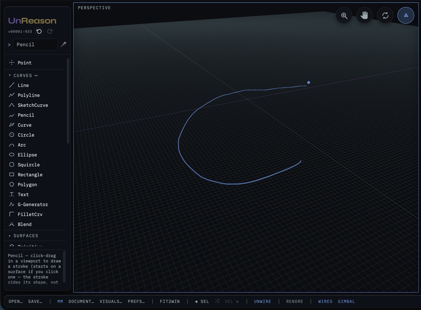 The UnReason interface with Pencil in the promptline, the Curves command column open beside it, and the app's own description of the Pencil tool below.