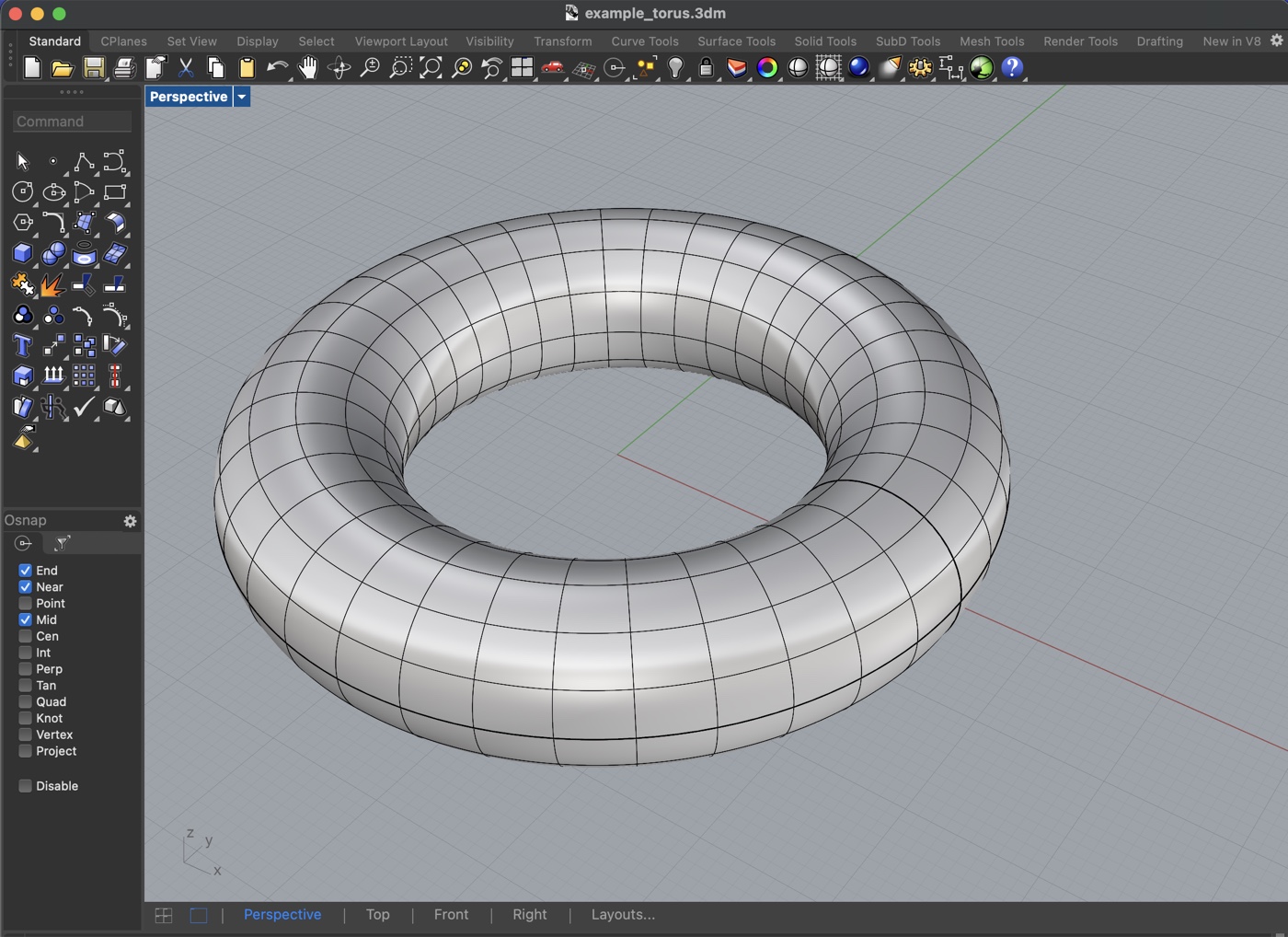 A shaded torus open in Rhino 8, showing its isocurves.