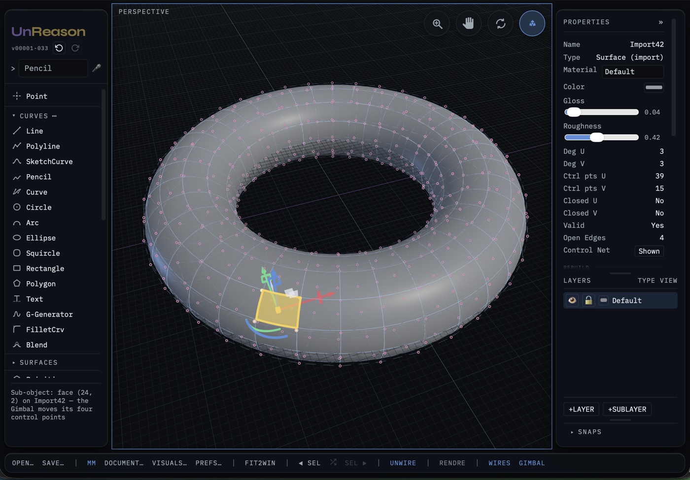The same torus imported into UnReason, control net shown, with its degree and control-point count in the Properties panel.