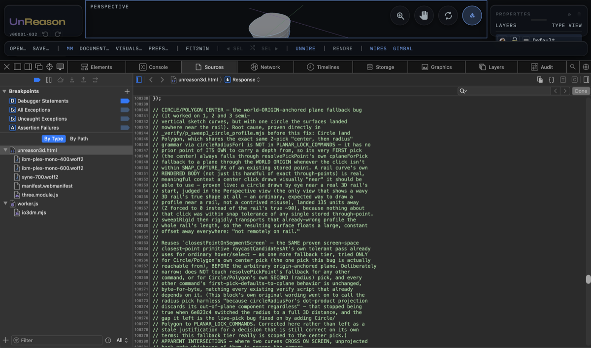 The running Unreason3D app above the browser's Sources panel, with unreason3d.html open in the source view.